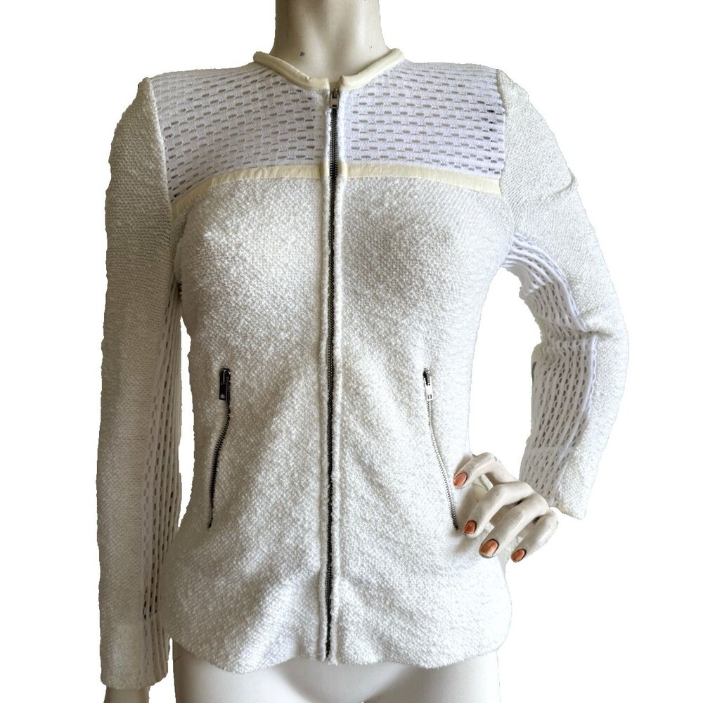 IRO Lamb Leather Trim Jacket White Ivory Zip Front Cardigan Sweater Size 38 US 6